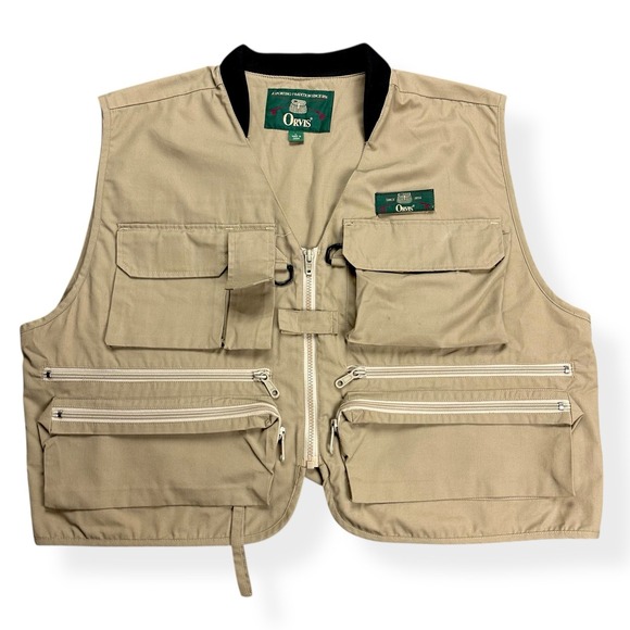 Orvis Mens L Wading Fly Fishing Vest Tan Utility Multi Zip Pockets 90s Fisherman